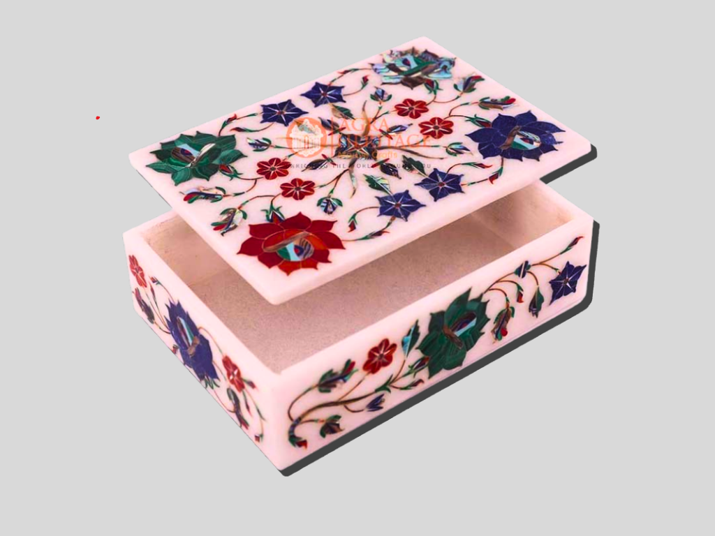 White Marble Vintage Box Semi Precious Floral Art